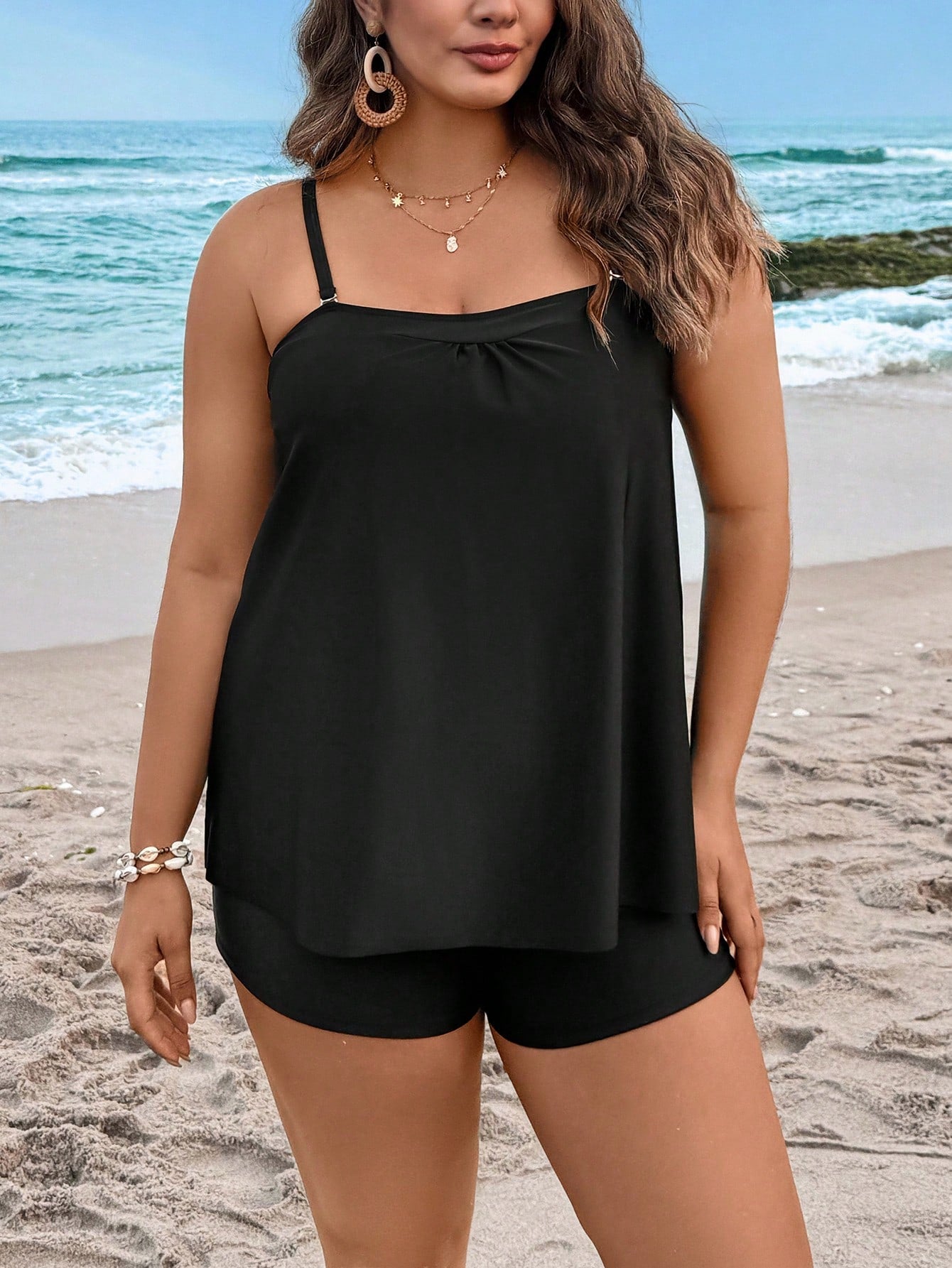 Swim Lushoire Plus Size Women's Black Two-Piece Bikini Set,Modest Tummy Control Tank Top,Comfortable Summer Beach Holiday Swimwear With Detachable Straps