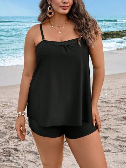 Swim Lushoire Plus Size Women's Black Two-Piece Bikini Set,Modest Tummy Control Tank Top,Comfortable Summer Beach Holiday Swimwear With Detachable Straps