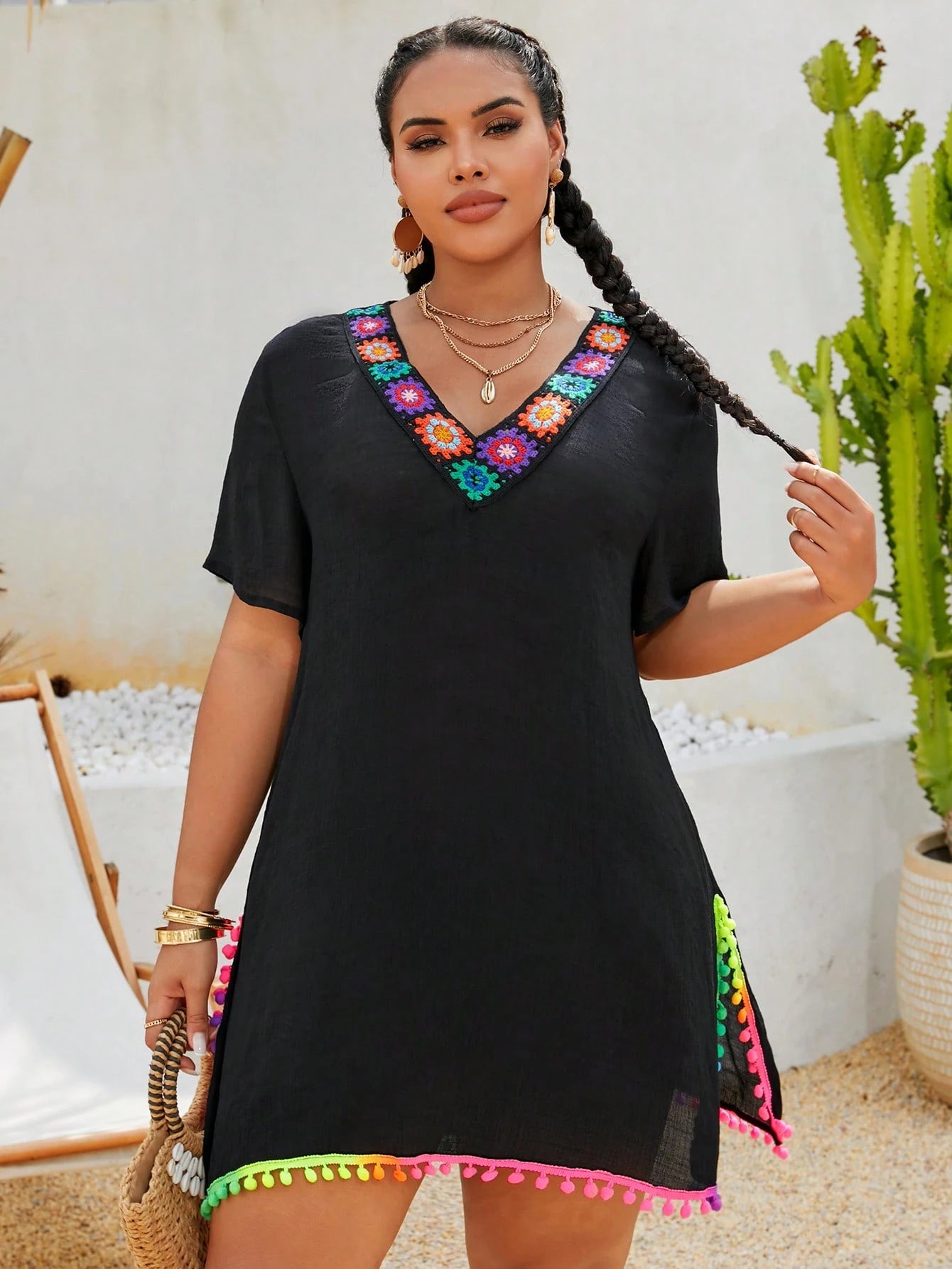 Swim Lushoire Plus Size Women's Floral Lace Splice V-Neck Gradient Hem Sexy Casual Beach Cover Up Cover Up For Summer Beach Vacation