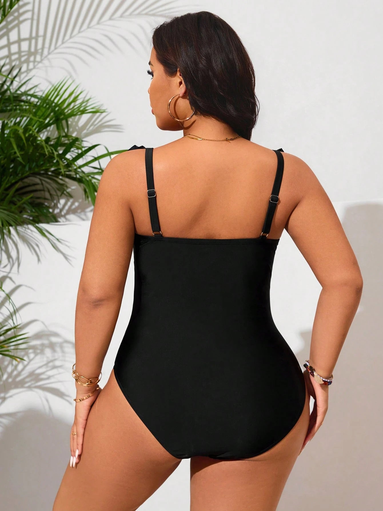 Swim Lushoire Plus Size Women's Leopard Patchwork Ruffled One-Piece Swimsuit,Adjustable Thick Strap Black Classy Beach Holiday Summer Fashionable Bathing Suit