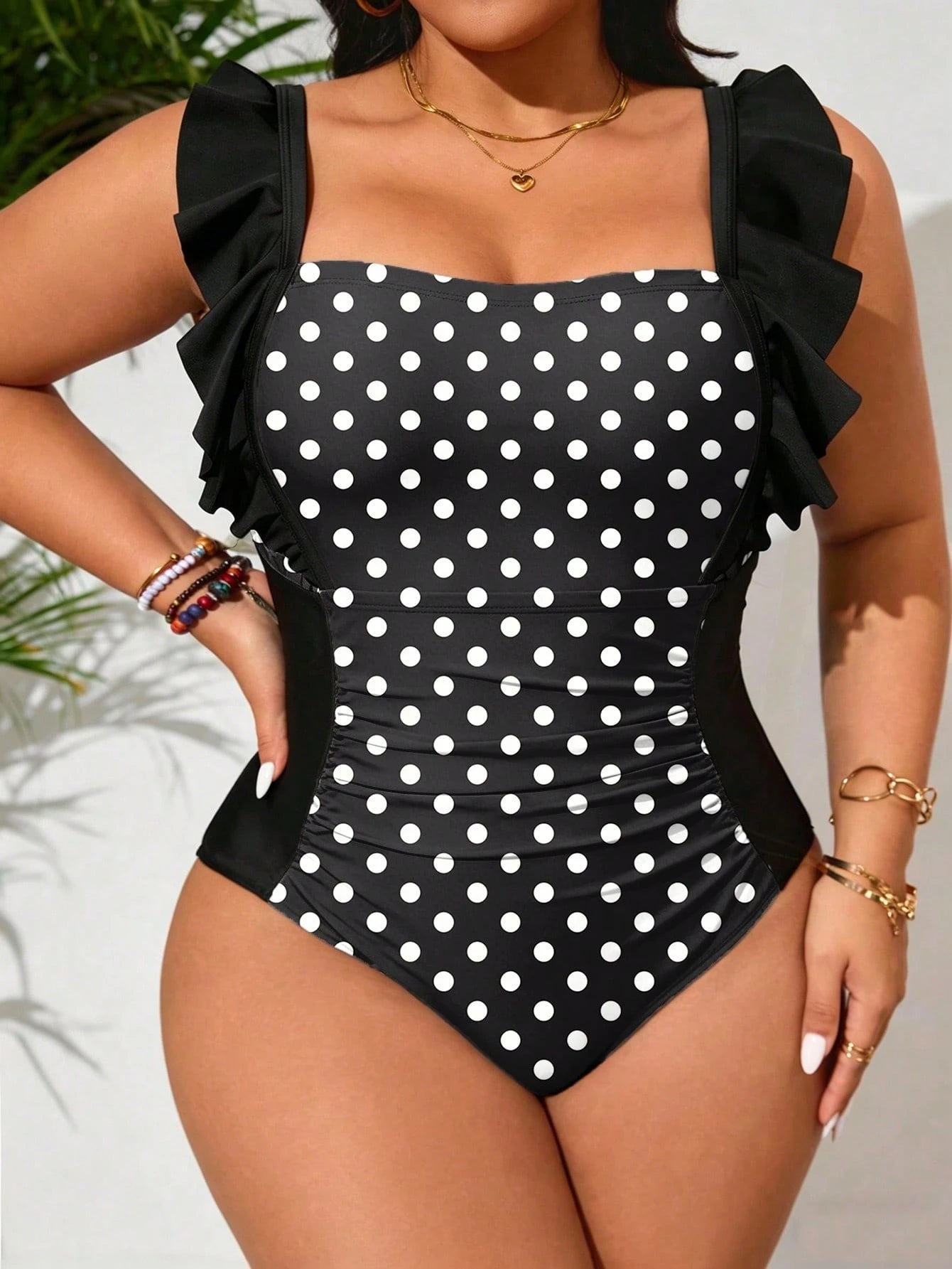 Swim Lushoire Plus Size Women's Leopard Patchwork Ruffled One-Piece Swimsuit,Adjustable Thick Strap Black Classy Beach Holiday Summer Fashionable Bathing Suit