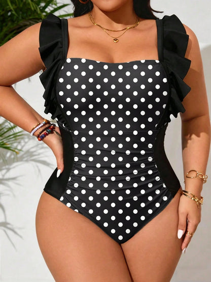 Swim Lushoire Plus Size Women's Leopard Patchwork Ruffled One-Piece Swimsuit,Adjustable Thick Strap Black Classy Beach Holiday Summer Fashionable Bathing Suit
