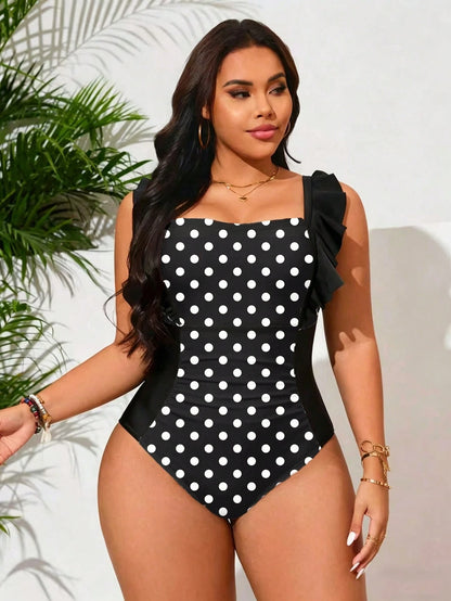 Swim Lushoire Plus Size Women's Leopard Patchwork Ruffled One-Piece Swimsuit,Adjustable Thick Strap Black Classy Beach Holiday Summer Fashionable Bathing Suit