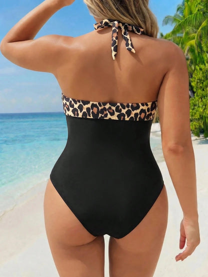 Swim Lushoire Plus Size Women's Leopard Print Colorblock Ruched Halter One-Piece Swimsuit, Suitable For Beach Vacation, Pool Party, Beach Party