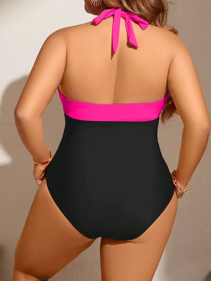 Swim Lushoire Plus Size Women's Leopard Print Colorblock Ruched Halter One-Piece Swimsuit, Suitable For Beach Vacation, Pool Party, Beach Party