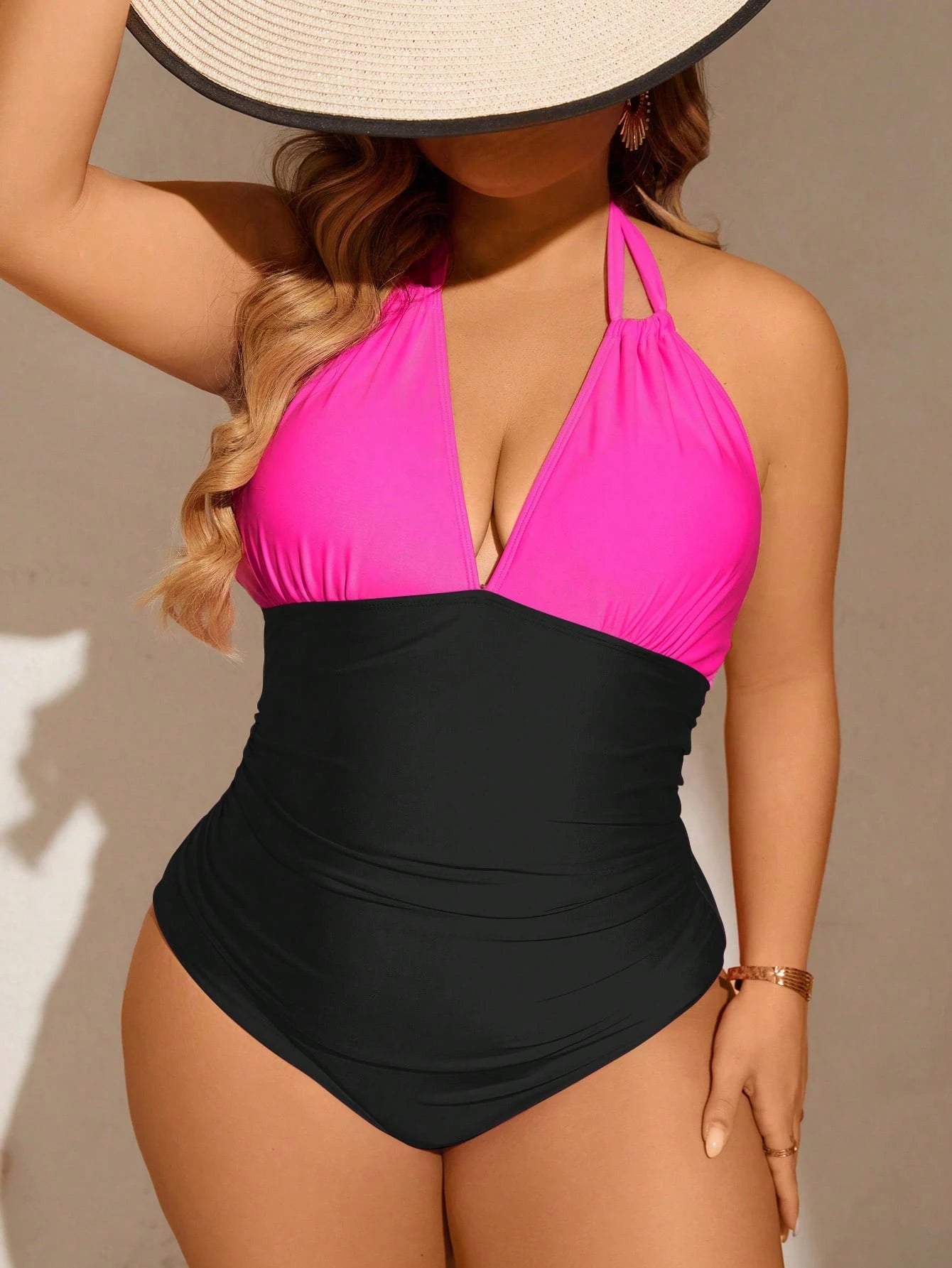 Swim Lushoire Plus Size Women's Leopard Print Colorblock Ruched Halter One-Piece Swimsuit, Suitable For Beach Vacation, Pool Party, Beach Party