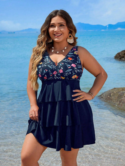 Swim Lushoire Plus Size Women's Printed Simple Daily Sleeveless Tankini Summer