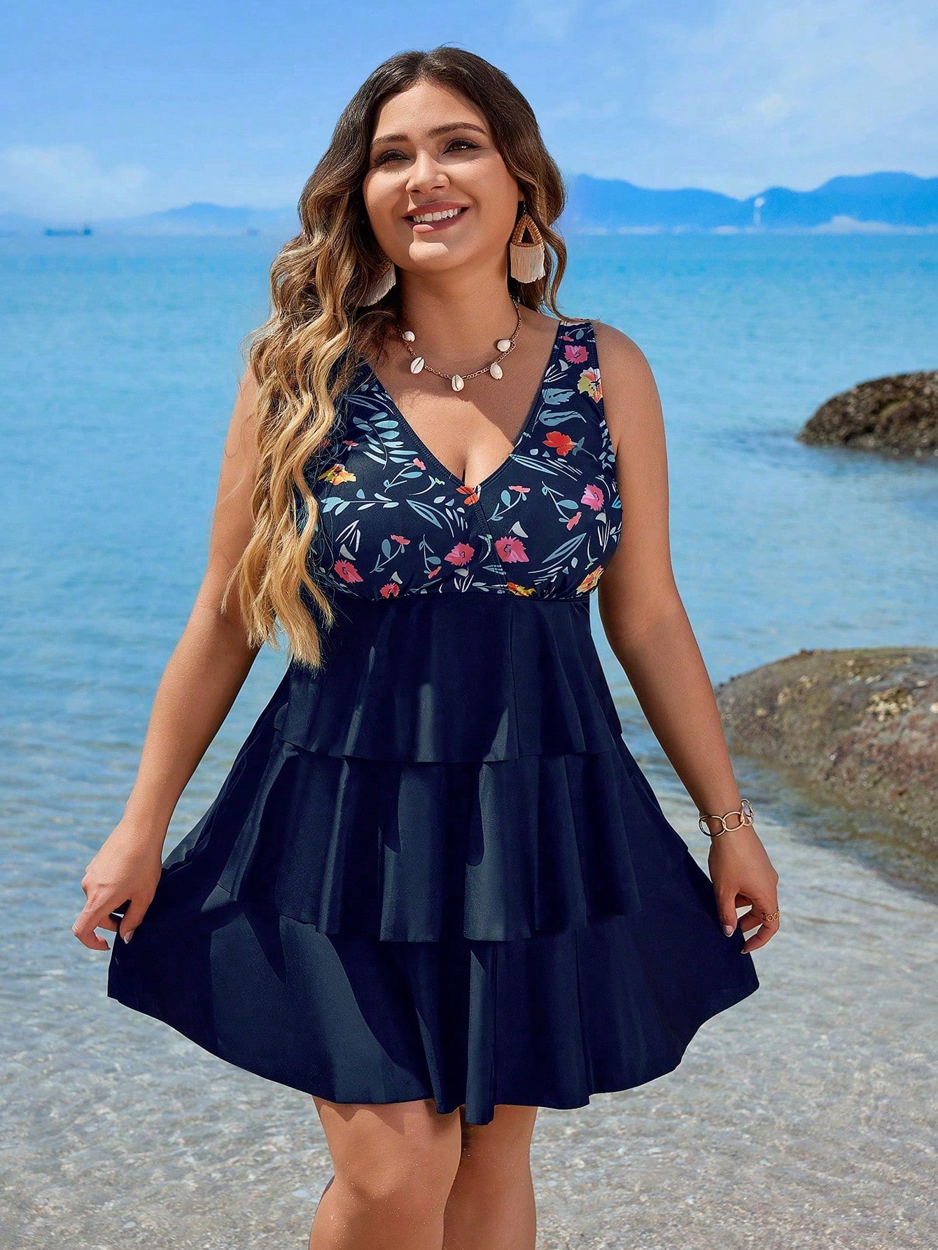 Swim Lushoire Plus Size Women's Printed Simple Daily Sleeveless Tankini Summer