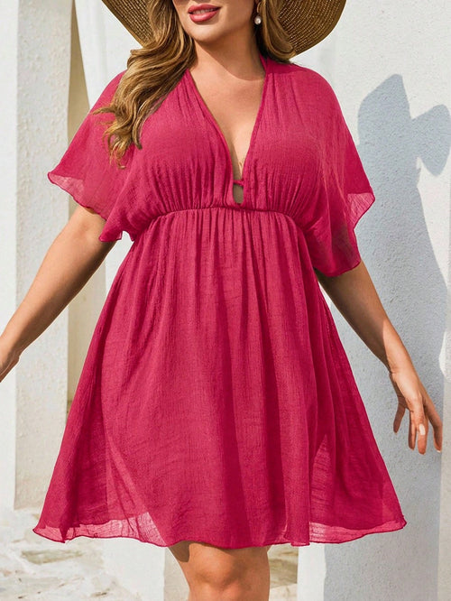 Swim Lushoire Plus Size Women's Solid Color Beach Cover-Up Dress, Casual Basic Style For Summer