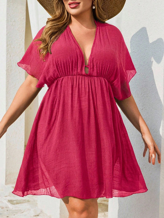 Swim Lushoire Plus Size Women's Solid Color Beach Cover-Up Dress, Casual Basic Style For Summer