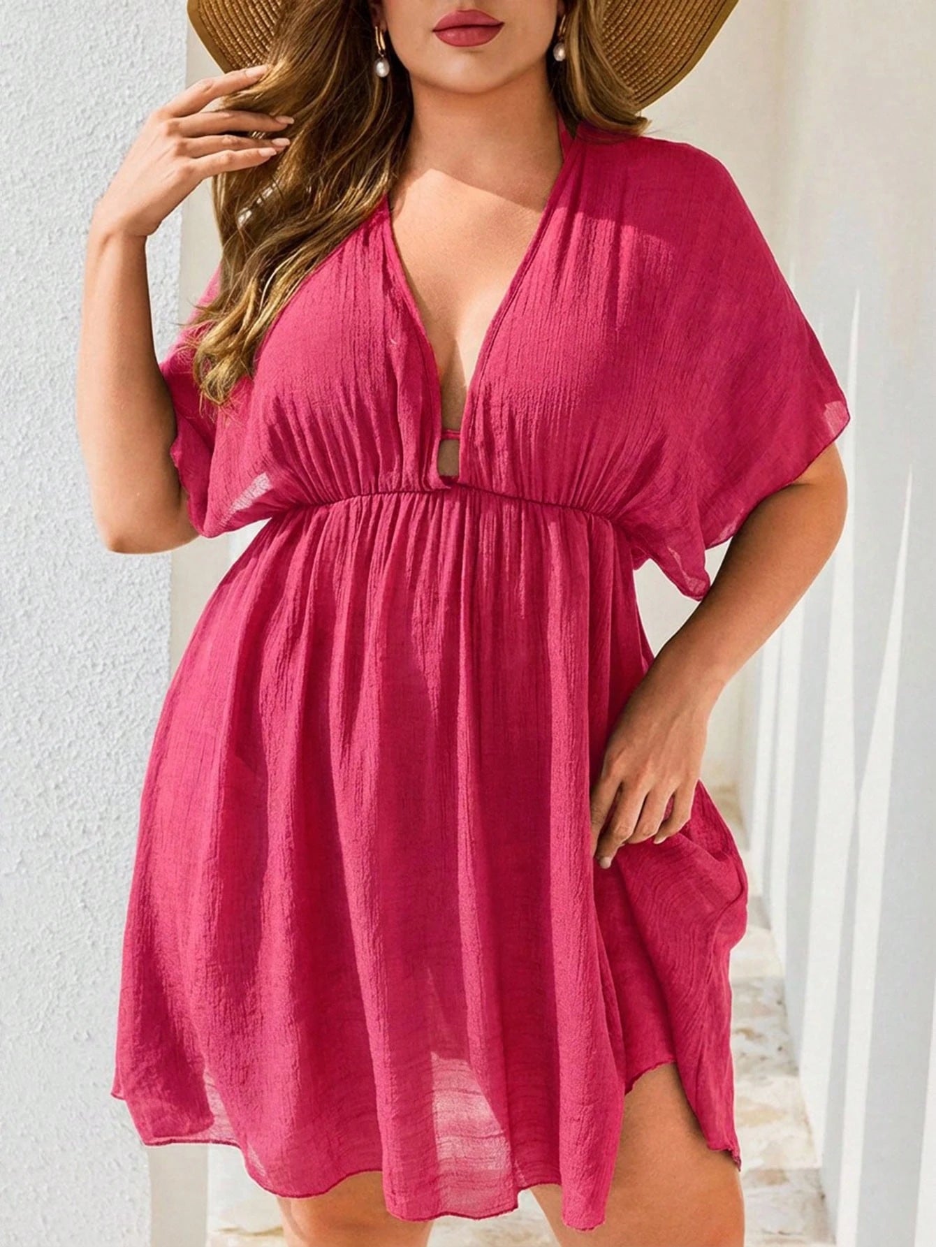 Swim Lushoire Plus Size Women's Solid Color Beach Cover-Up Dress, Casual Basic Style For Summer