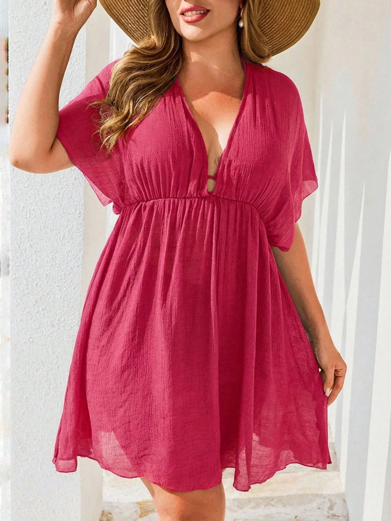 Swim Lushoire Plus Size Women's Solid Color Beach Cover-Up Dress, Casual Basic Style For Summer