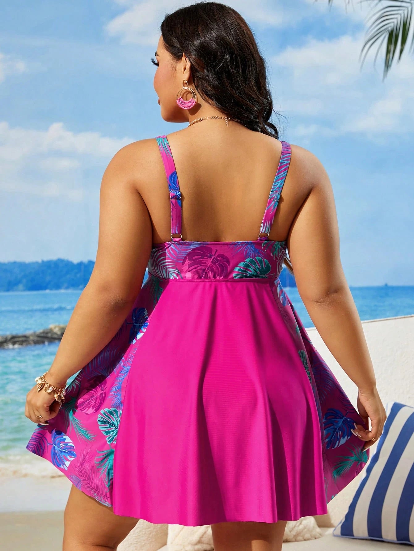 Swim Lushoire Plus Size Women's Solid Color Print Sleeveless Swim Dress For Simple Daily Wear Summer