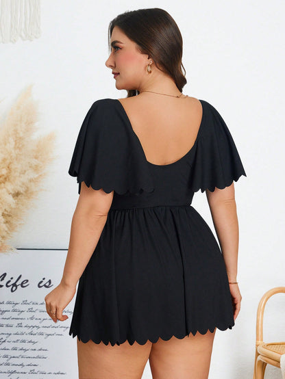 Swim Lushoire Plus Size Women Scalloped Edge Flutter Sleeve Square Neck Swim Dress,Black Summer Tropical Beach Holiday Modest Tummy Control Bathing Suit Swimwear