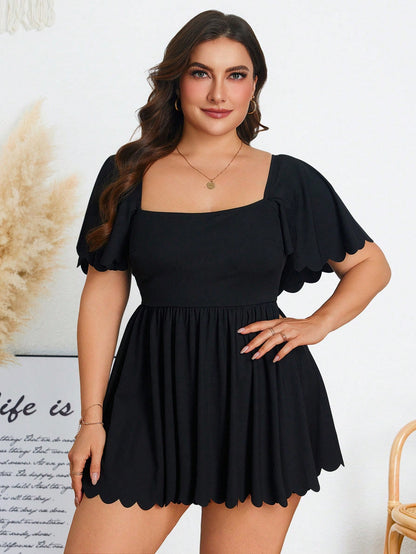 Swim Lushoire Plus Size Women Scalloped Edge Flutter Sleeve Square Neck Swim Dress,Black Summer Tropical Beach Holiday Modest Tummy Control Bathing Suit Swimwear