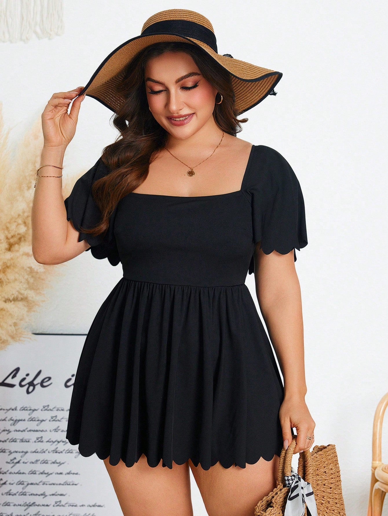 Swim Lushoire Plus Size Women Scalloped Edge Flutter Sleeve Square Neck Swim Dress,Black Summer Tropical Beach Holiday Modest Tummy Control Bathing Suit Swimwear