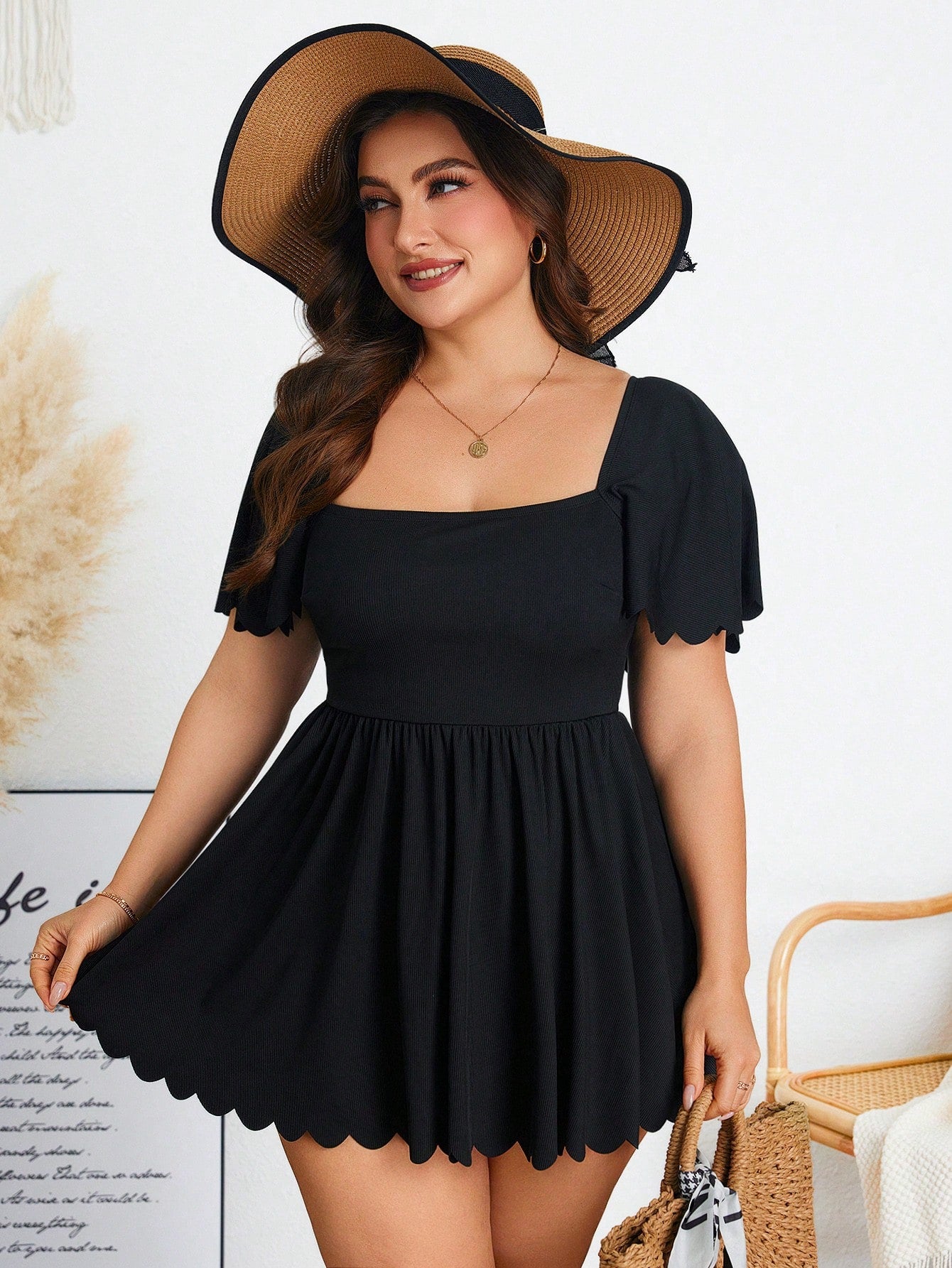 Swim Lushoire Plus Size Women Scalloped Edge Flutter Sleeve Square Neck Swim Dress,Black Summer Tropical Beach Holiday Modest Tummy Control Bathing Suit Swimwear