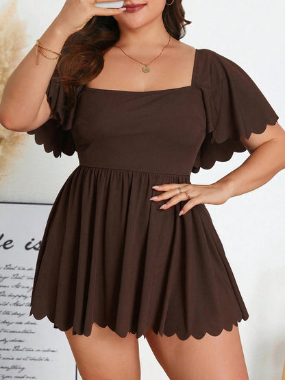 Swim Lushoire Plus Size Women Scalloped Edge Flutter Sleeve Square Neck Swim Dress,Black Summer Tropical Beach Holiday Modest Tummy Control Bathing Suit Swimwear