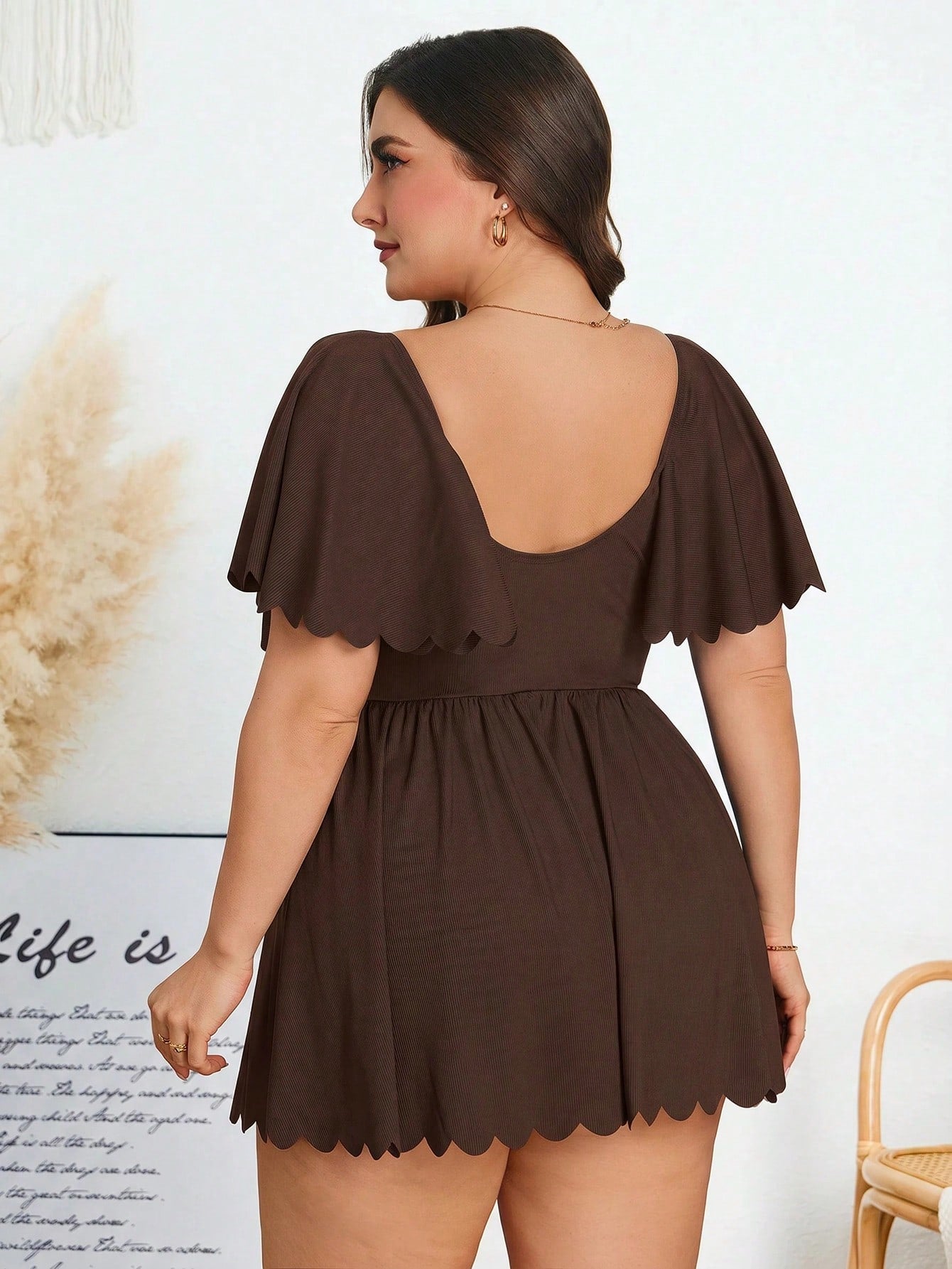 Swim Lushoire Plus Size Women Scalloped Edge Flutter Sleeve Square Neck Swim Dress,Black Summer Tropical Beach Holiday Modest Tummy Control Bathing Suit Swimwear