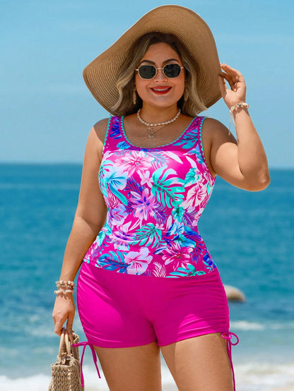 Swim Lushoire Plus Size Women Tropical Leaf Print Tankini Sexy Slimming Swimwear For Summer Beach Vacation