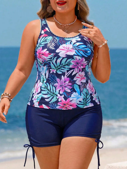Swim Lushoire Plus Size Women Tropical Leaf Print Tankini Sexy Slimming Swimwear For Summer Beach Vacation