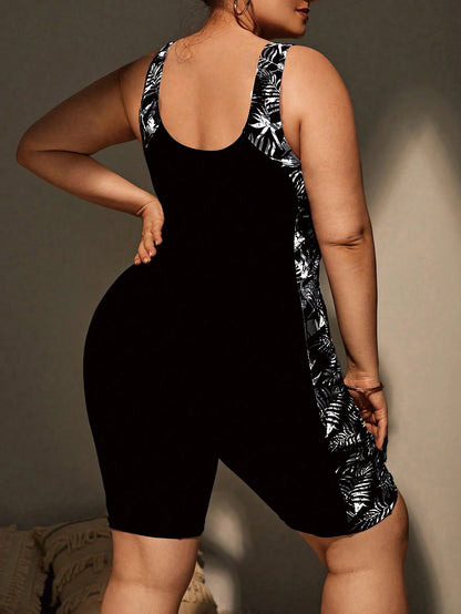 Swim Lushoire Plus Size Women Tropical Plant Print Tankini One Piece Swimsuit With Shorts Summer