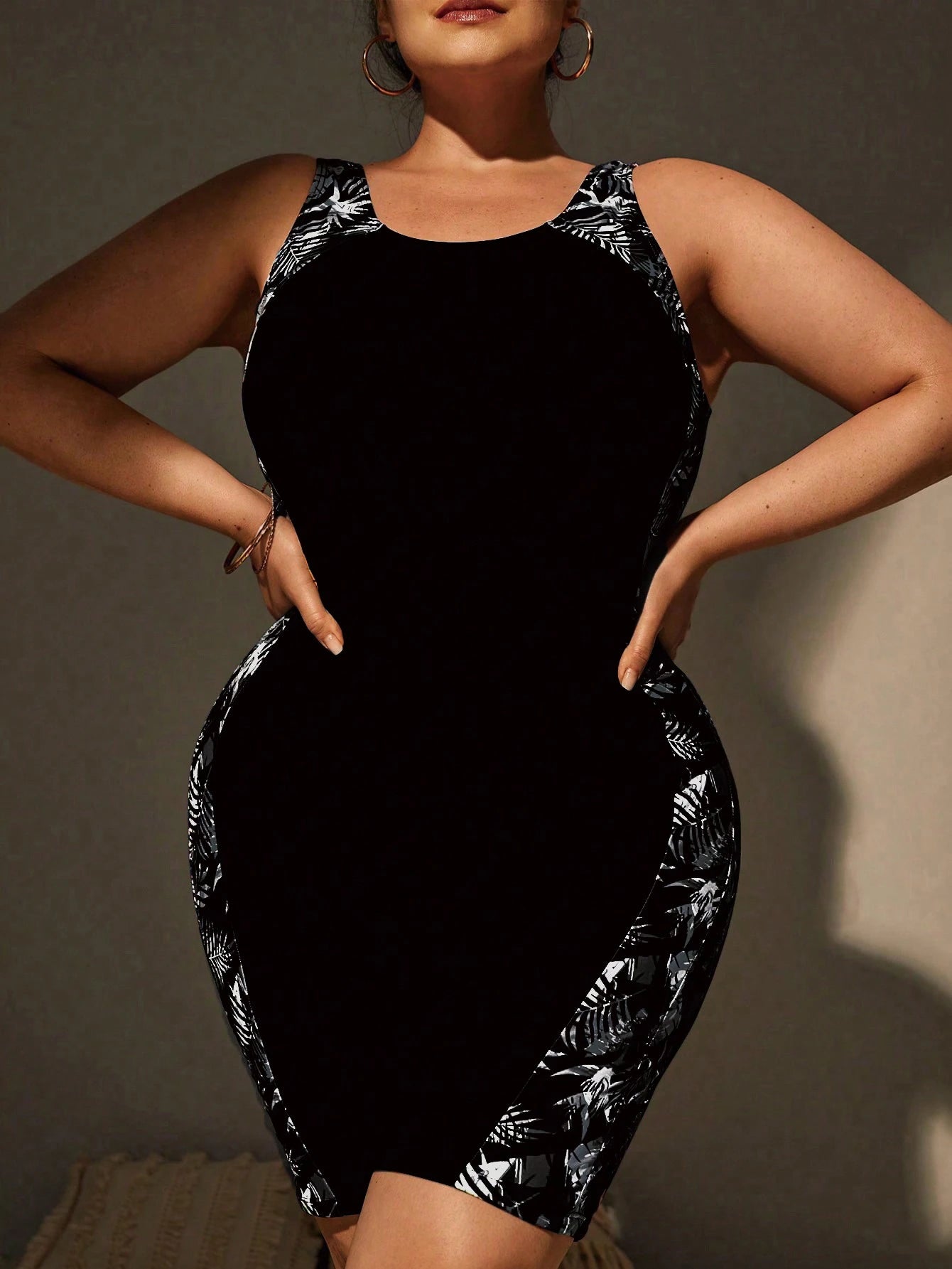 Swim Lushoire Plus Size Women Tropical Plant Print Tankini One Piece Swimsuit With Shorts Summer