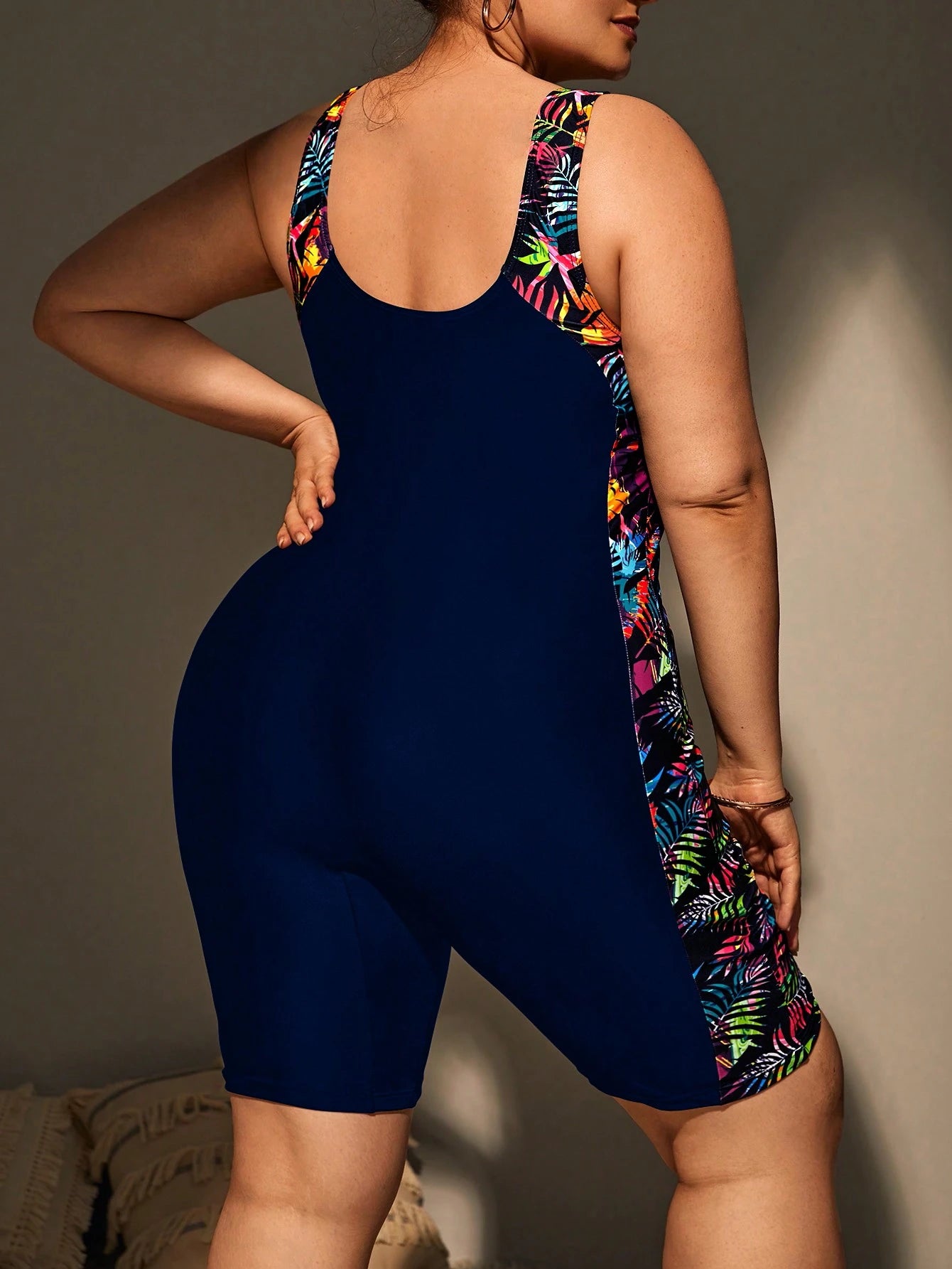Swim Lushoire Plus Size Women Tropical Plant Print Tankini One Piece Swimsuit With Shorts Summer