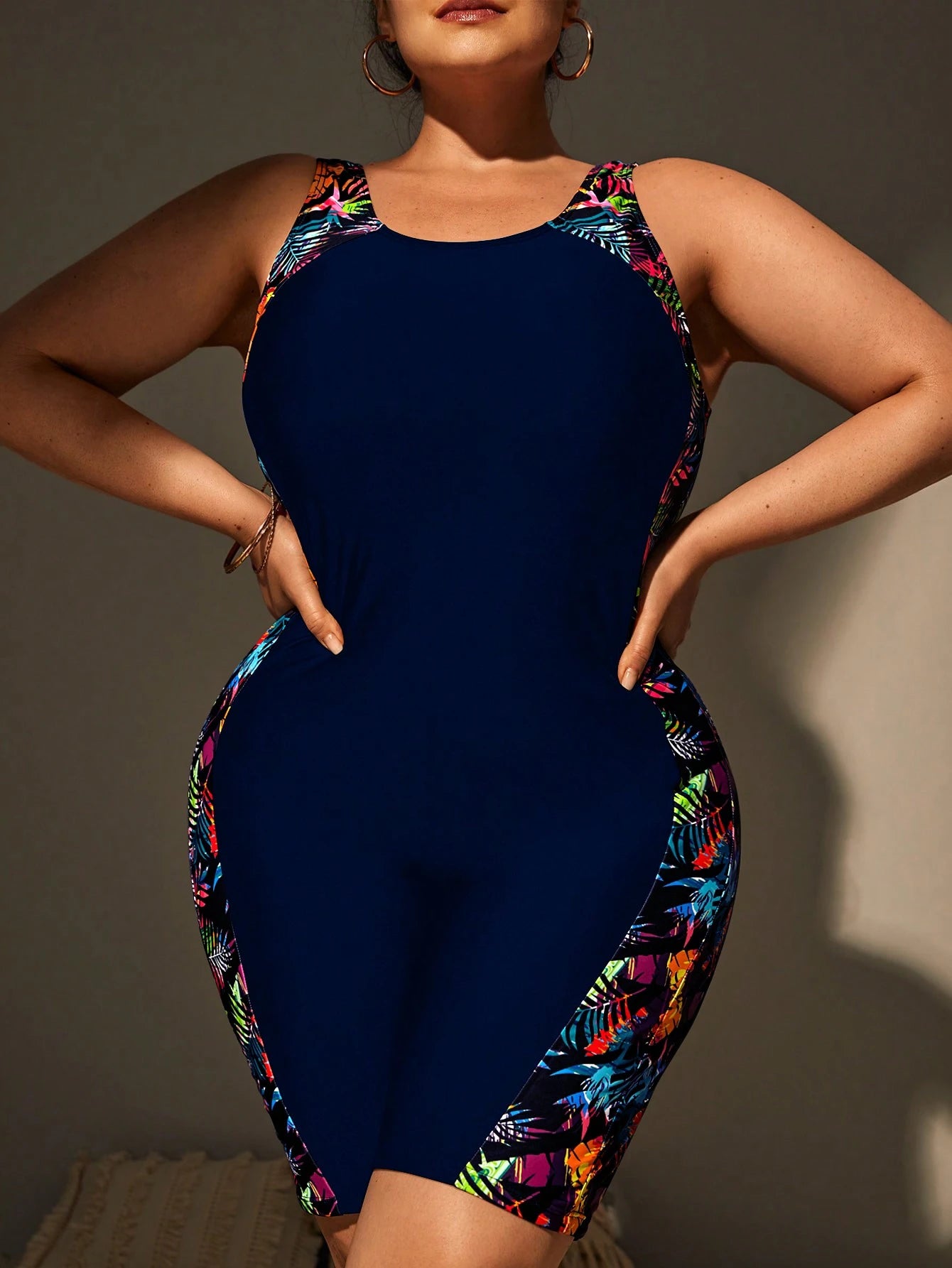 Swim Lushoire Plus Size Women Tropical Plant Print Tankini One Piece Swimsuit With Shorts Summer