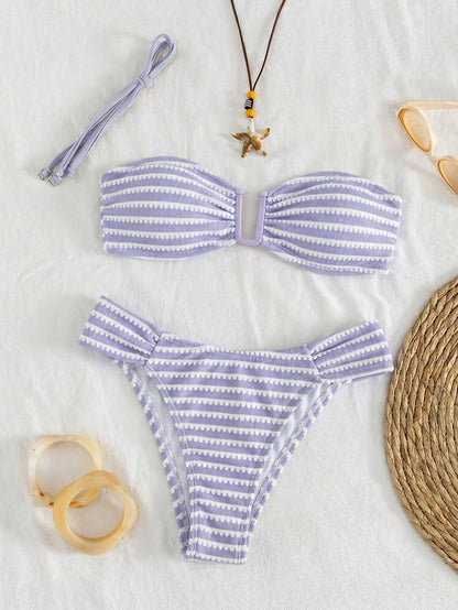 Swim Lushoire Solid Color Glossy Textured Fabric Detachable Shoulder Strap Bandeau Strapless 2-Way Wear Pants Side Ruched U-Neck Deep V-Neck Women's Minimalist Elegant Spring Summer Beach Bikini Swims