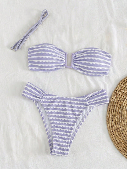 Swim Lushoire Solid Color Glossy Textured Fabric Detachable Shoulder Strap Bandeau Strapless 2-Way Wear Pants Side Ruched U-Neck Deep V-Neck Women's Minimalist Elegant Spring Summer Beach Bikini Swims