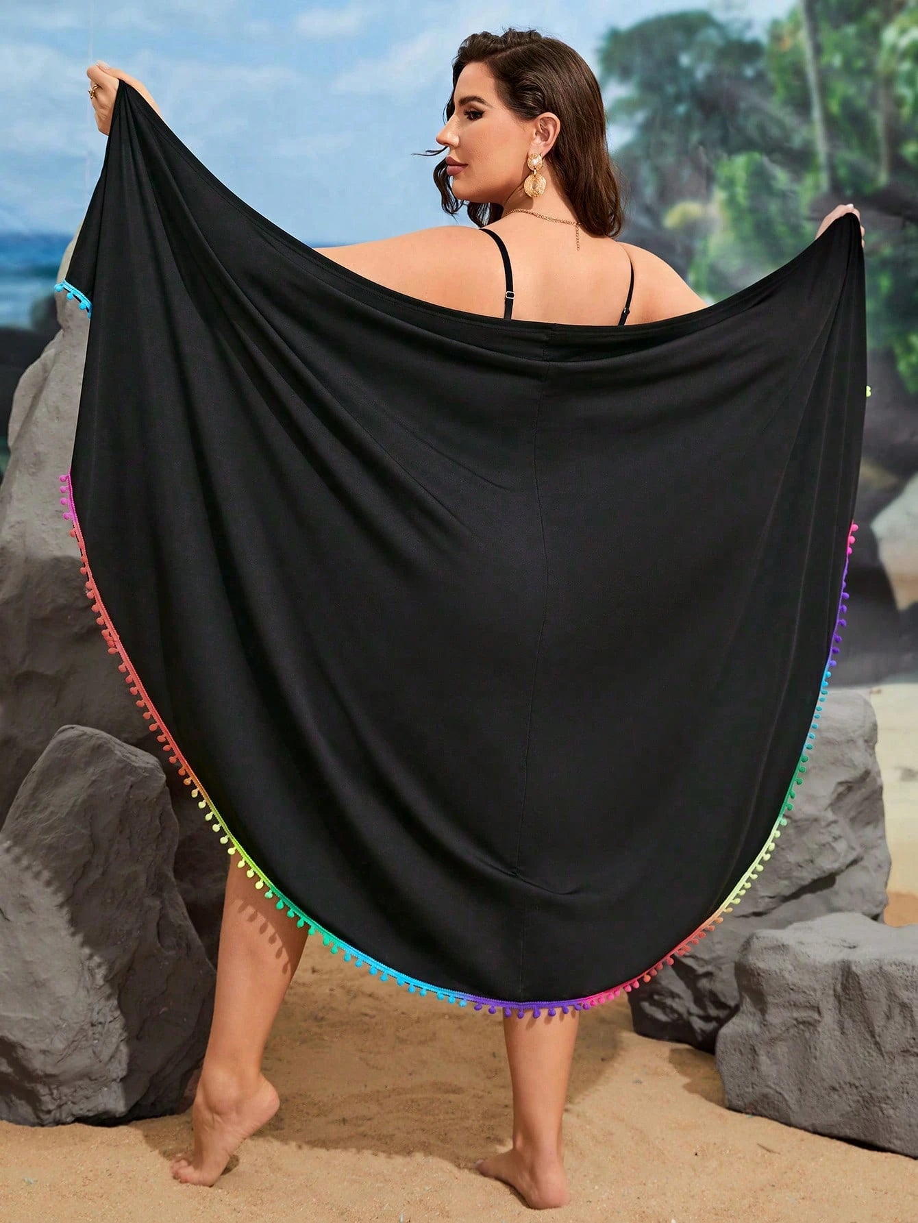 Swim Lushoire Summer Beach Plus Pom Pom Trim Wrap Hem Cami Cover Up Dress