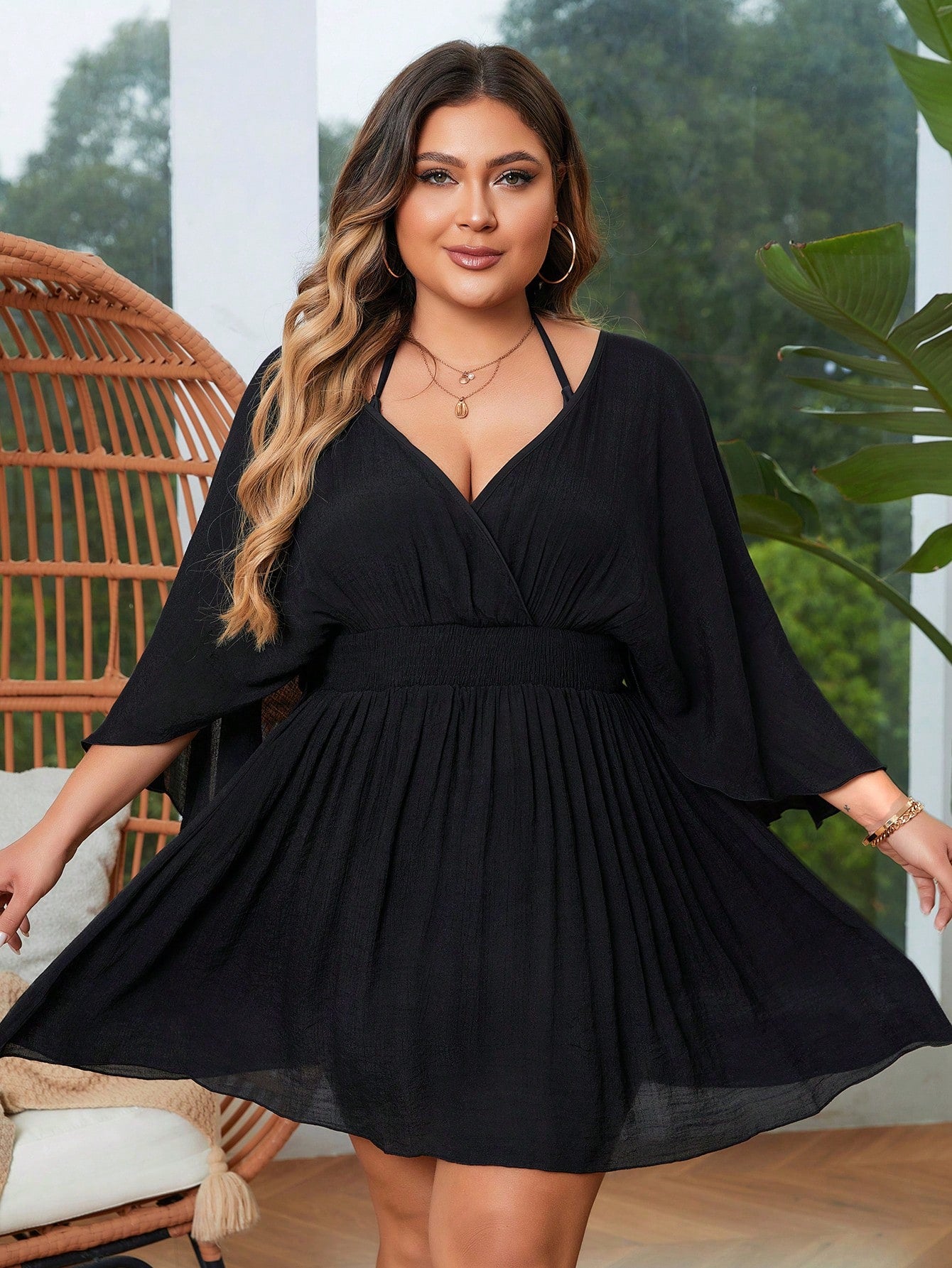 Swim Lushoire Summer Beach Plus Size Solid Color Batwing Sleeve Waist-Cinched Cover Up