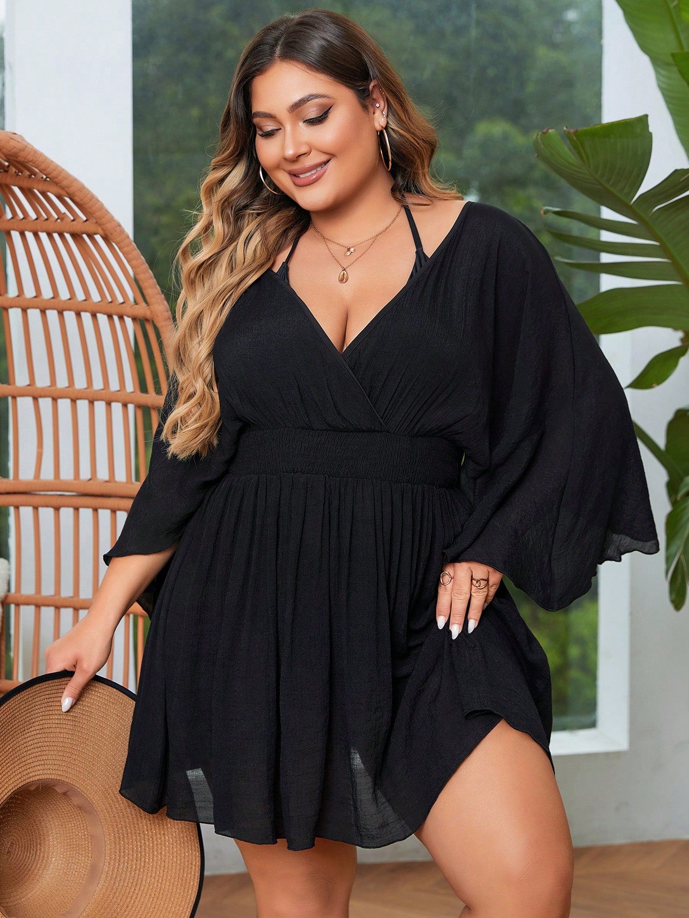 Swim Lushoire Summer Beach Plus Size Solid Color Batwing Sleeve Waist-Cinched Cover Up