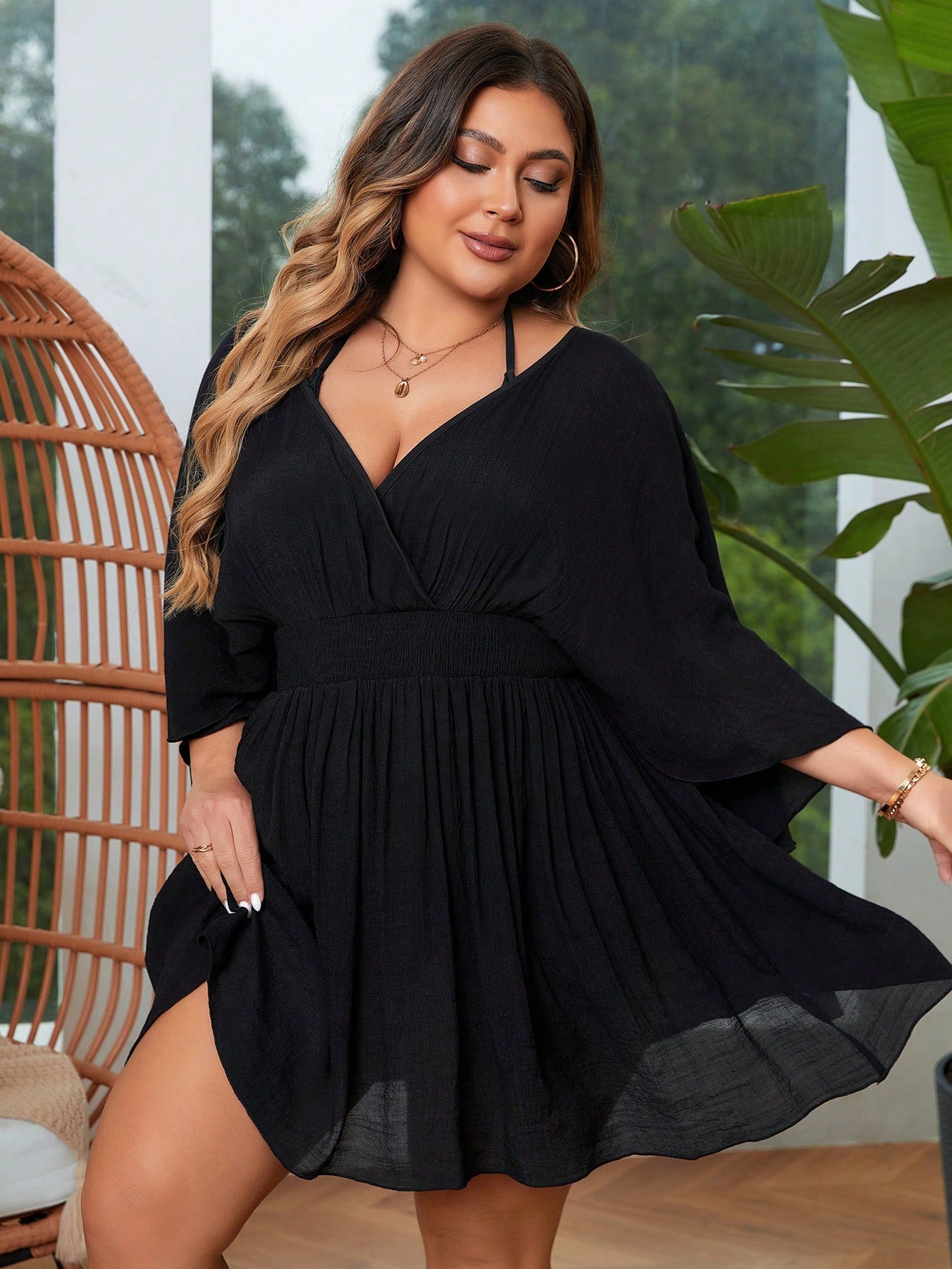 Swim Lushoire Summer Beach Plus Size Solid Color Batwing Sleeve Waist-Cinched Cover Up