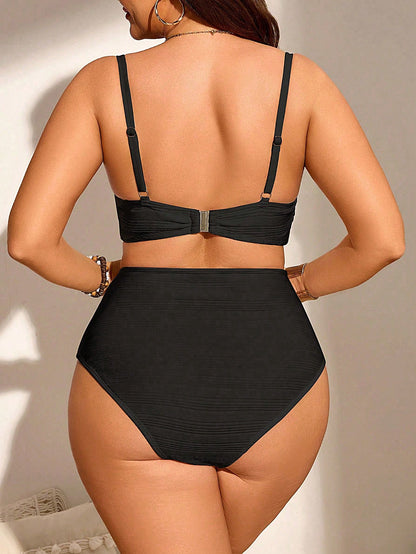Swim Lushoire Summer Beach Plus Size Solid Color Gathered Tankini Bikini Swimwear Set
