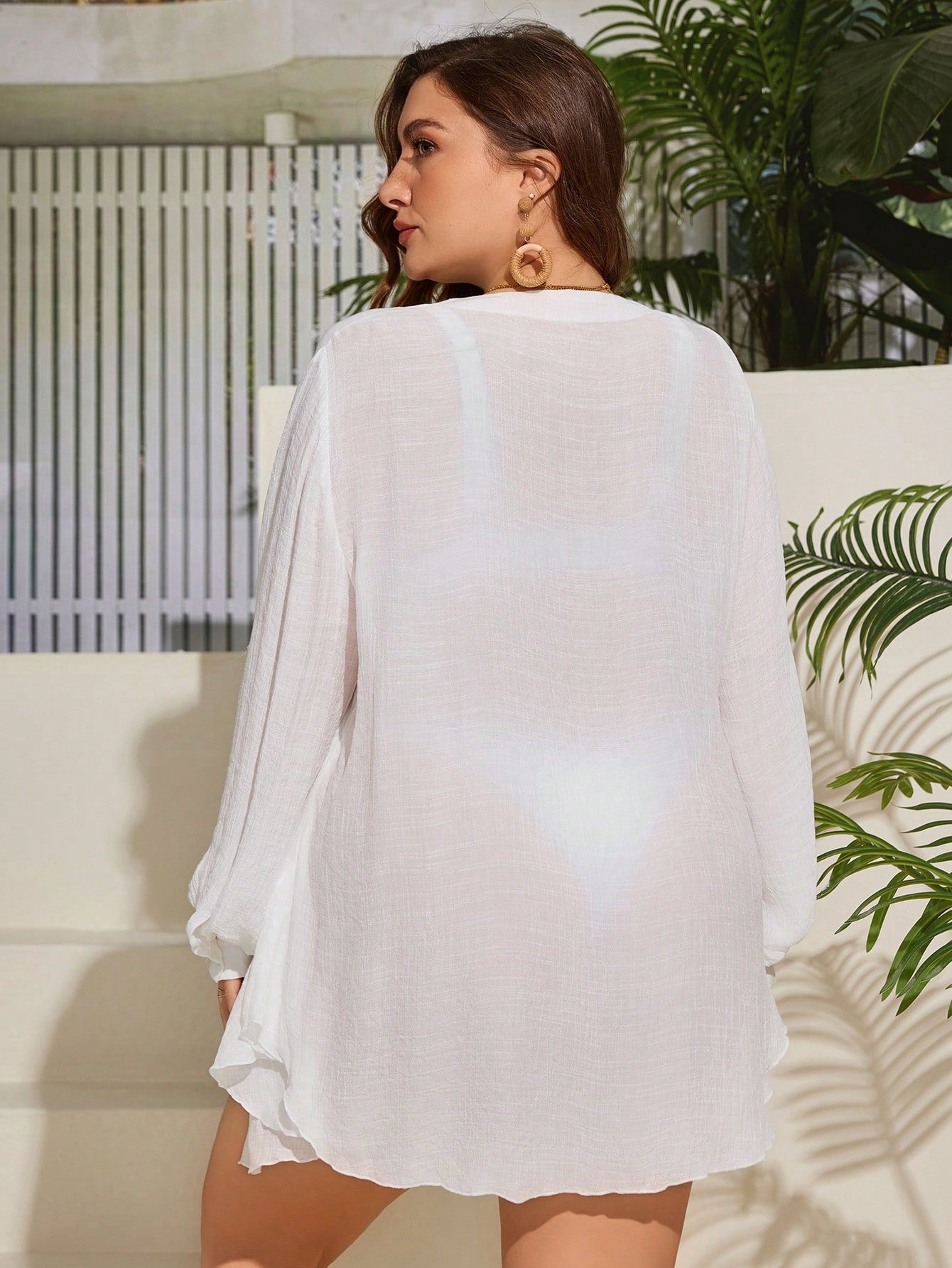 Swim Lushoire Summer Beach Plus Size Solid Color Kimono With Front Buckle Closure And Lantern Sleeve