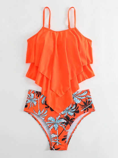 Swim Lushoire Summer Beach Tropical Print Hanky Hem Tankini Swimwear Set, Bathing Suit