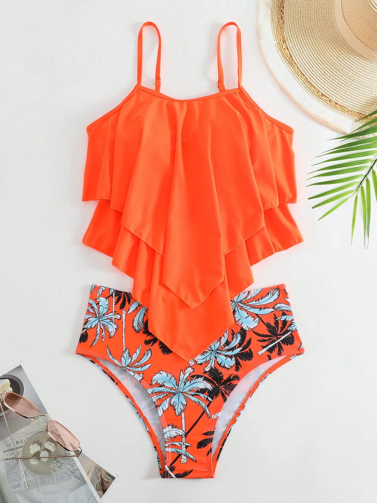 Swim Lushoire Summer Beach Tropical Print Hanky Hem Tankini Swimwear Set, Bathing Suit