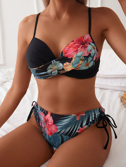 Swim Lushoire Summer Cross Wrap Push Up Bikini Set With Spaghetti Straps, Underwire, Floral Print Top, And Side Tie Bottom, Suitable For Beach Swimming Pool