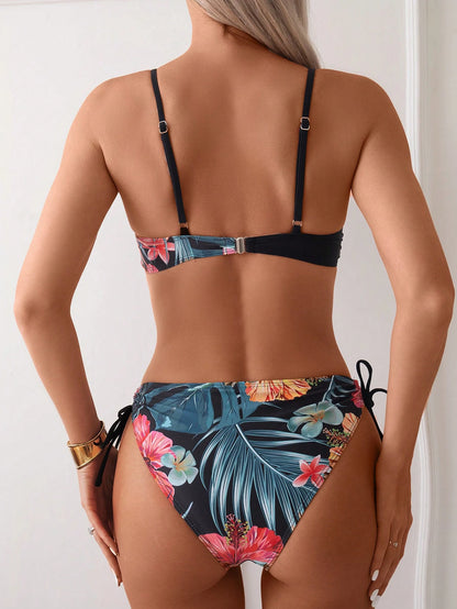 Swim Lushoire Summer Cross Wrap Push Up Bikini Set With Spaghetti Straps, Underwire, Floral Print Top, And Side Tie Bottom, Suitable For Beach Swimming Pool