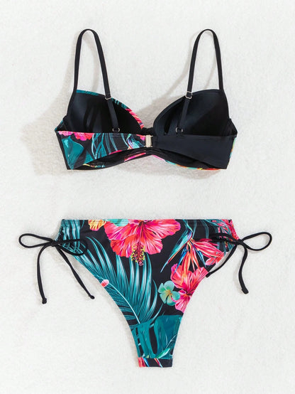 Swim Lushoire Summer Cross Wrap Push Up Bikini Set With Spaghetti Straps, Underwire, Floral Print Top, And Side Tie Bottom, Suitable For Beach Swimming Pool