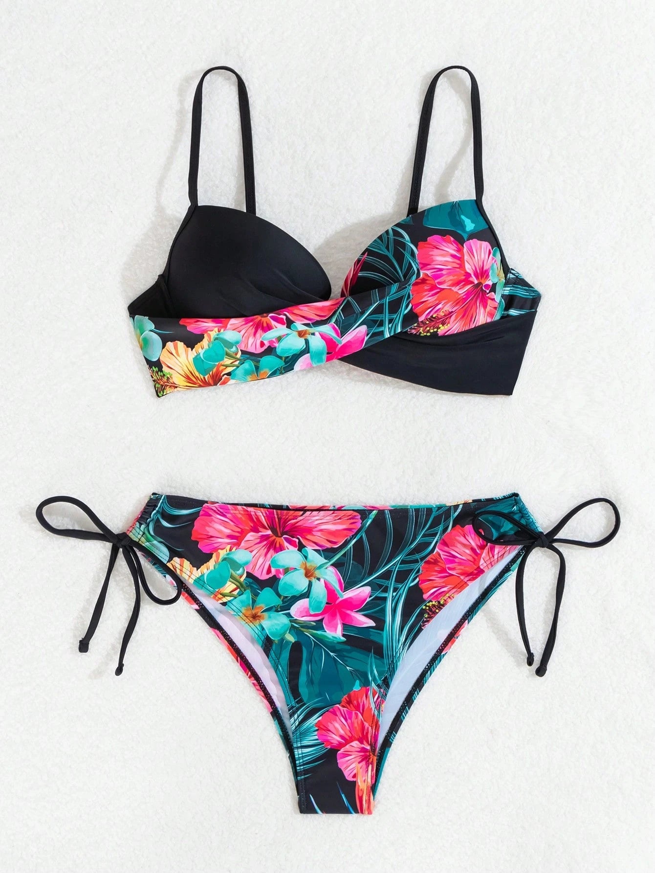Swim Lushoire Summer Cross Wrap Push Up Bikini Set With Spaghetti Straps, Underwire, Floral Print Top, And Side Tie Bottom, Suitable For Beach Swimming Pool