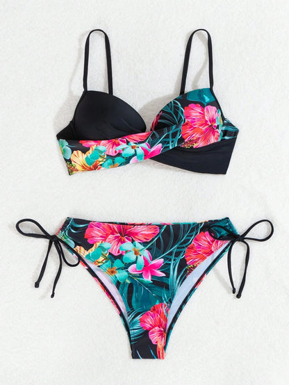 Swim Lushoire Summer Cross Wrap Push Up Bikini Set With Spaghetti Straps, Underwire, Floral Print Top, And Side Tie Bottom, Suitable For Beach Swimming Pool