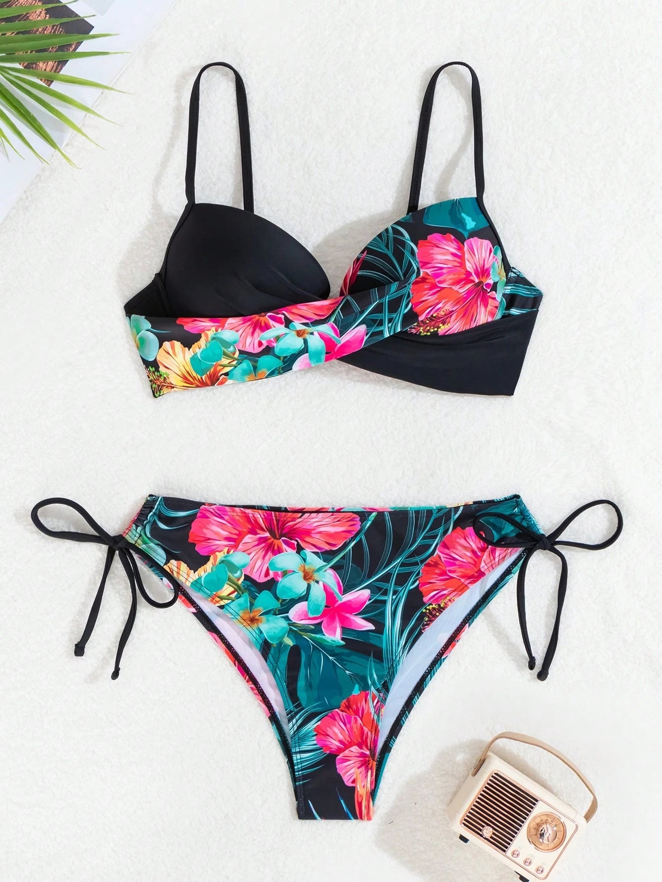 Swim Lushoire Summer Cross Wrap Push Up Bikini Set With Spaghetti Straps, Underwire, Floral Print Top, And Side Tie Bottom, Suitable For Beach Swimming Pool