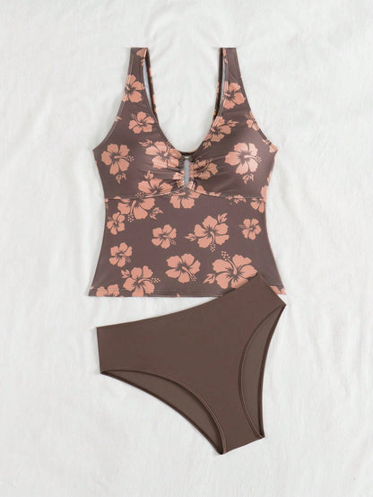 Swim Lushoire Swim Chicsea Random Print Strappy Bikini Top And Solid Color Bottoms Set For Women For Summer Beach Vacation