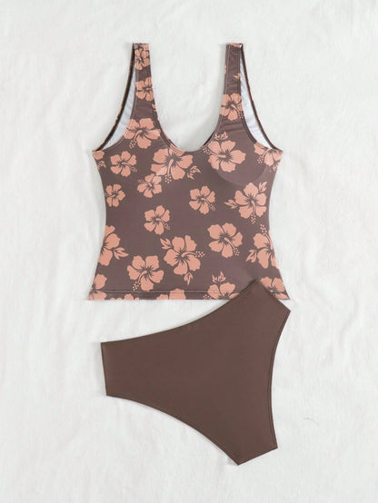 Swim Lushoire Swim Chicsea Random Print Strappy Bikini Top And Solid Color Bottoms Set For Women For Summer Beach Vacation