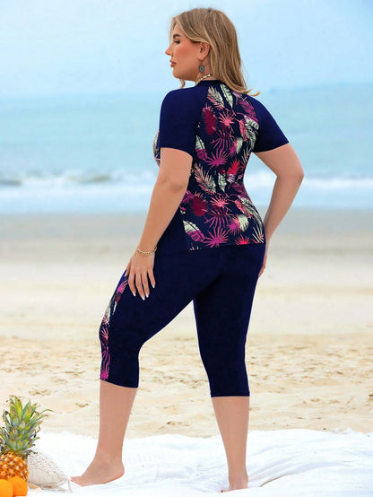 Swim Lushoire Women Plus Size 2 Pieces Plant Leaf Print Patchwork Tank Top & Long Swim Shorts Bikini Set,Navy Blue,Summer,Beach,Vacation,Holiday Casual Swimwear