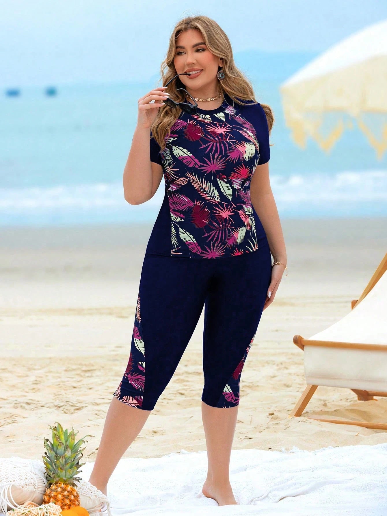 Swim Lushoire Women Plus Size 2 Pieces Plant Leaf Print Patchwork Tank Top & Long Swim Shorts Bikini Set,Navy Blue,Summer,Beach,Vacation,Holiday Casual Swimwear