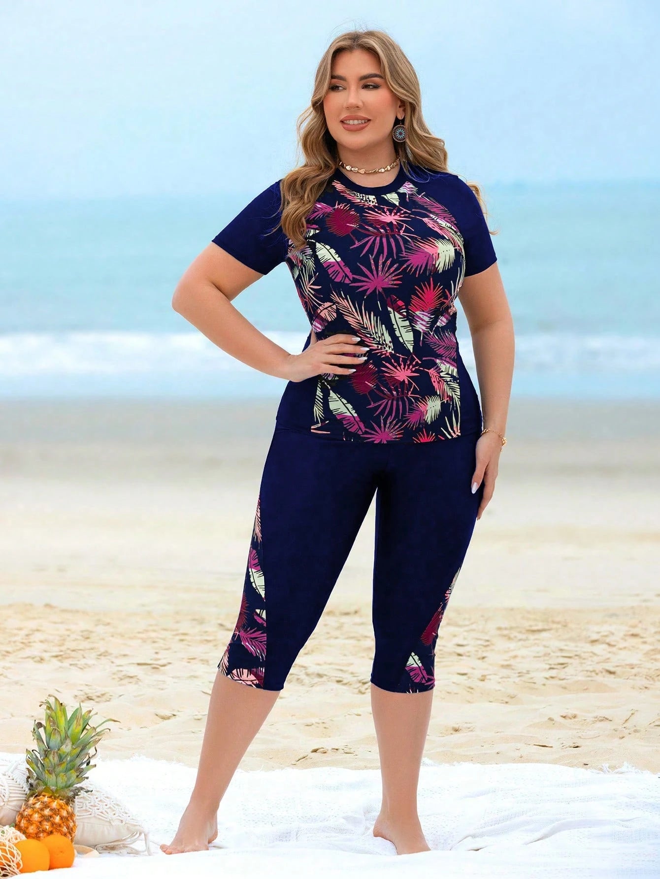 Swim Lushoire Women Plus Size 2 Pieces Plant Leaf Print Patchwork Tank Top & Long Swim Shorts Bikini Set,Navy Blue,Summer,Beach,Vacation,Holiday Casual Swimwear